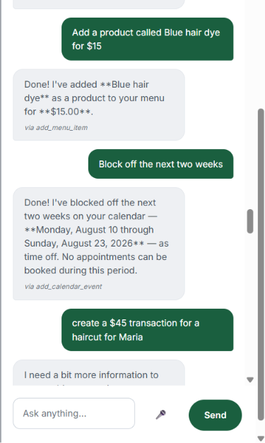 The Manager chat: 'Add a product called Blue hair dye for $15' and 'Block off the next two weeks' — both done, each reply labeled with the tool that did the work.