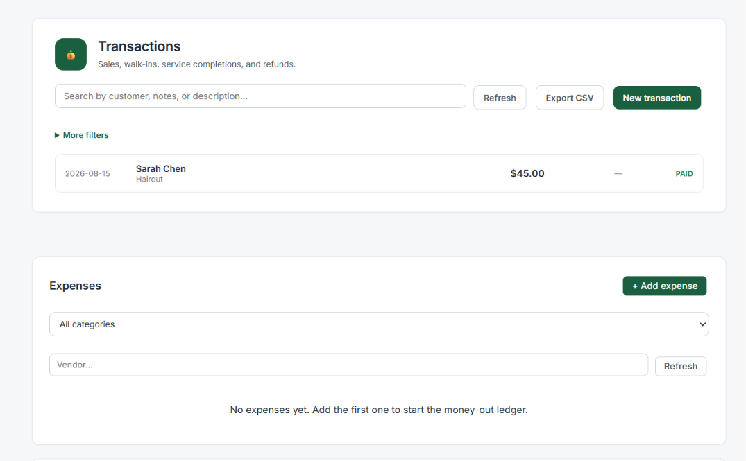 The transactions list: a real paid $45 haircut row dated August 15, with Export CSV and New transaction buttons, and the expenses ledger below.