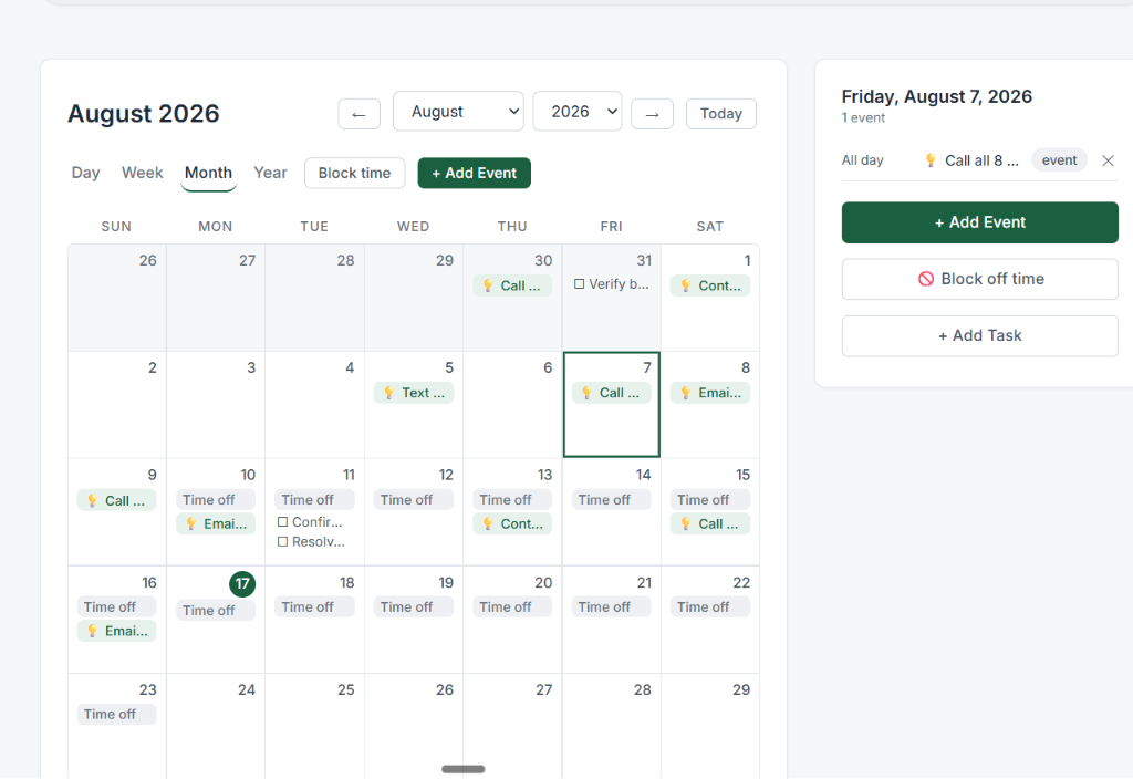The real calendar: August 2026 month view with booked events and Time-off blocks running August 10 through 23.