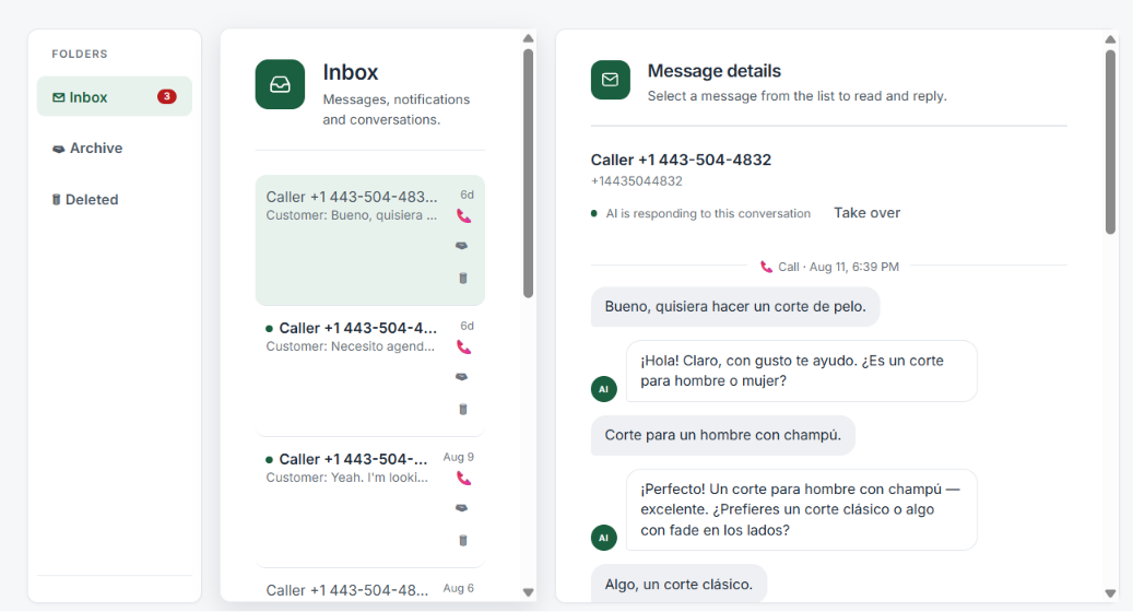 The real inbox: caller threads on the left; an open voice conversation on the right with the AI replying in Spanish and a Take over button.